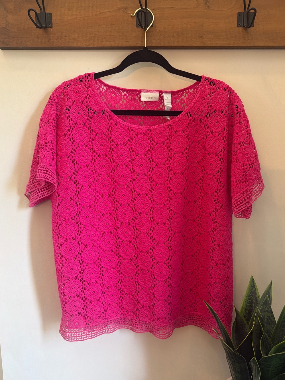 Chico's Hot Pink Crochet Short-Sleeve Tunic
